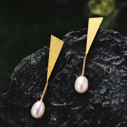 Handmade Silver Pearl Triangle Water Drop Earrings