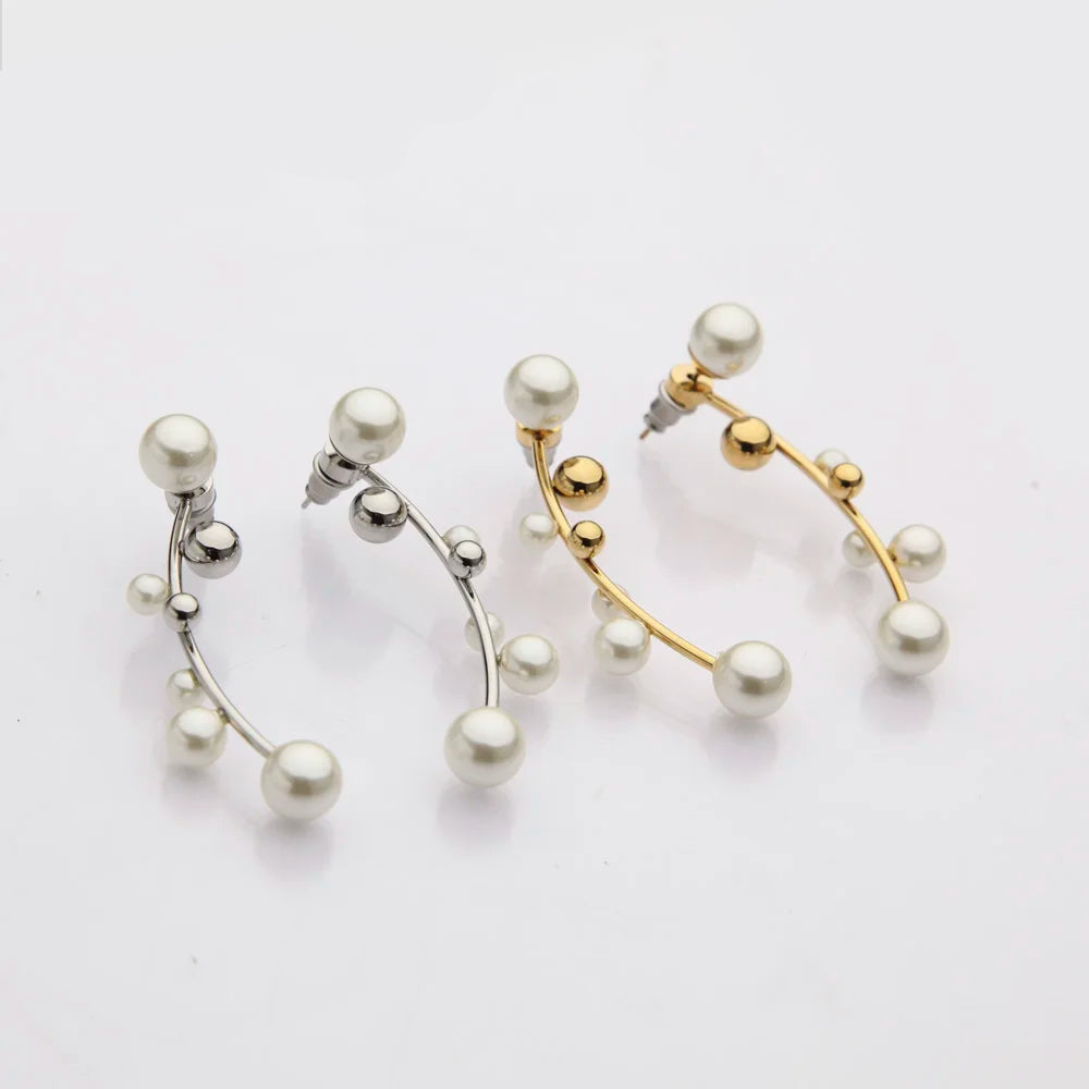 White Pearl Mismatched Cuff Earrings – Silver Clip-On Climber, 18K Gold Plated Minimalist Earrings