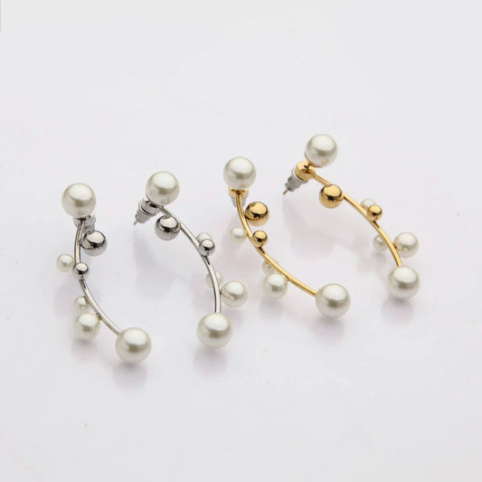 White Pearl Mismatched Cuff Earrings – Silver Clip-On Climber, 18K Gold Plated Minimalist Earrings
