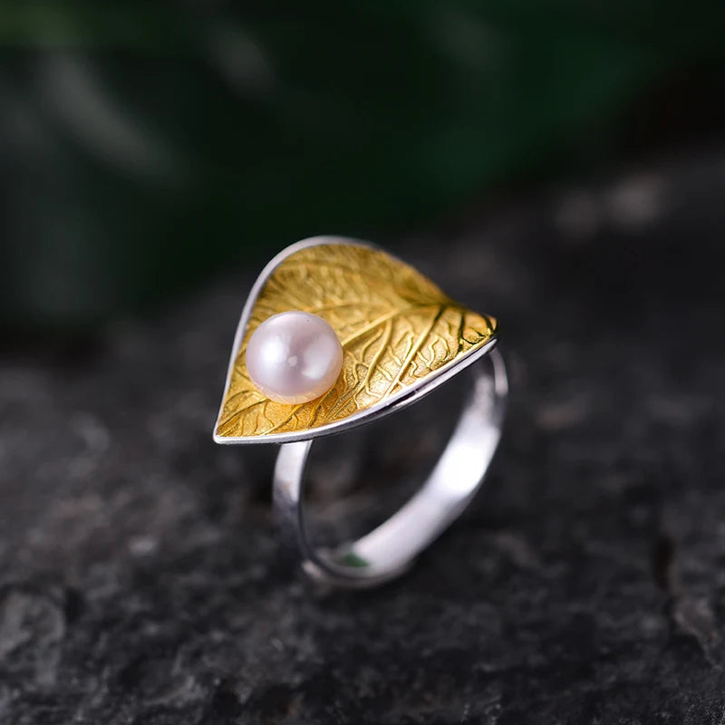 Silver Pearl Leaf Ring