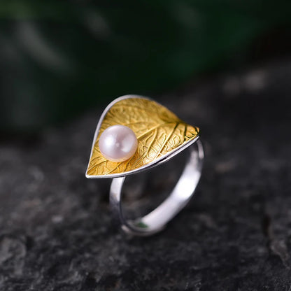 Silver Pearl Leaf Ring