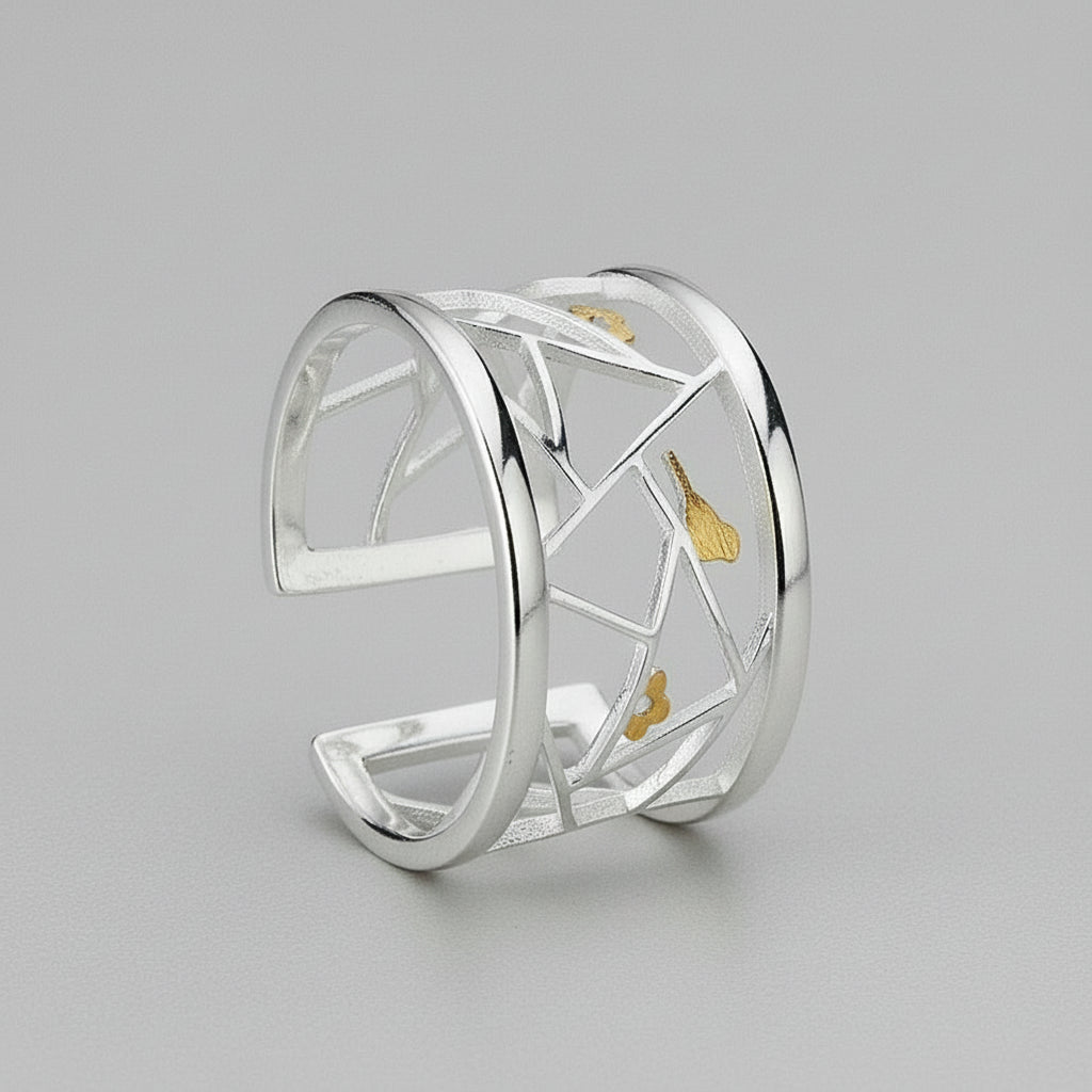 Silver Open Window Decoration Paper-cut Design Ring