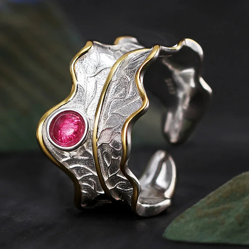 Silver Natural Tourmaline Gemstone Peony Leaf Adjustable Ring