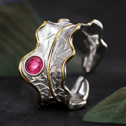 Silver Natural Tourmaline Gemstone Peony Leaf Adjustable Ring
