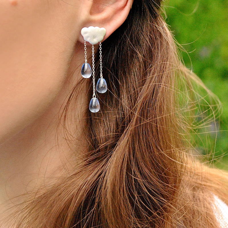 Silver Rainy Cloud Earrings Natural Crystal Gems