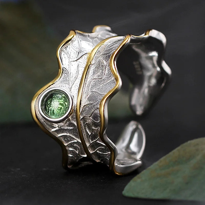 Silver Natural Tourmaline Gemstone Peony Leaf Adjustable Ring