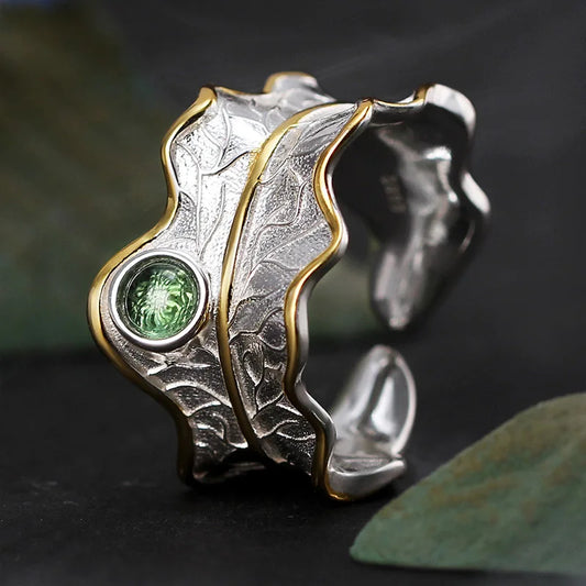 Silver Natural Tourmaline Gemstone Peony Leaf Adjustable Ring