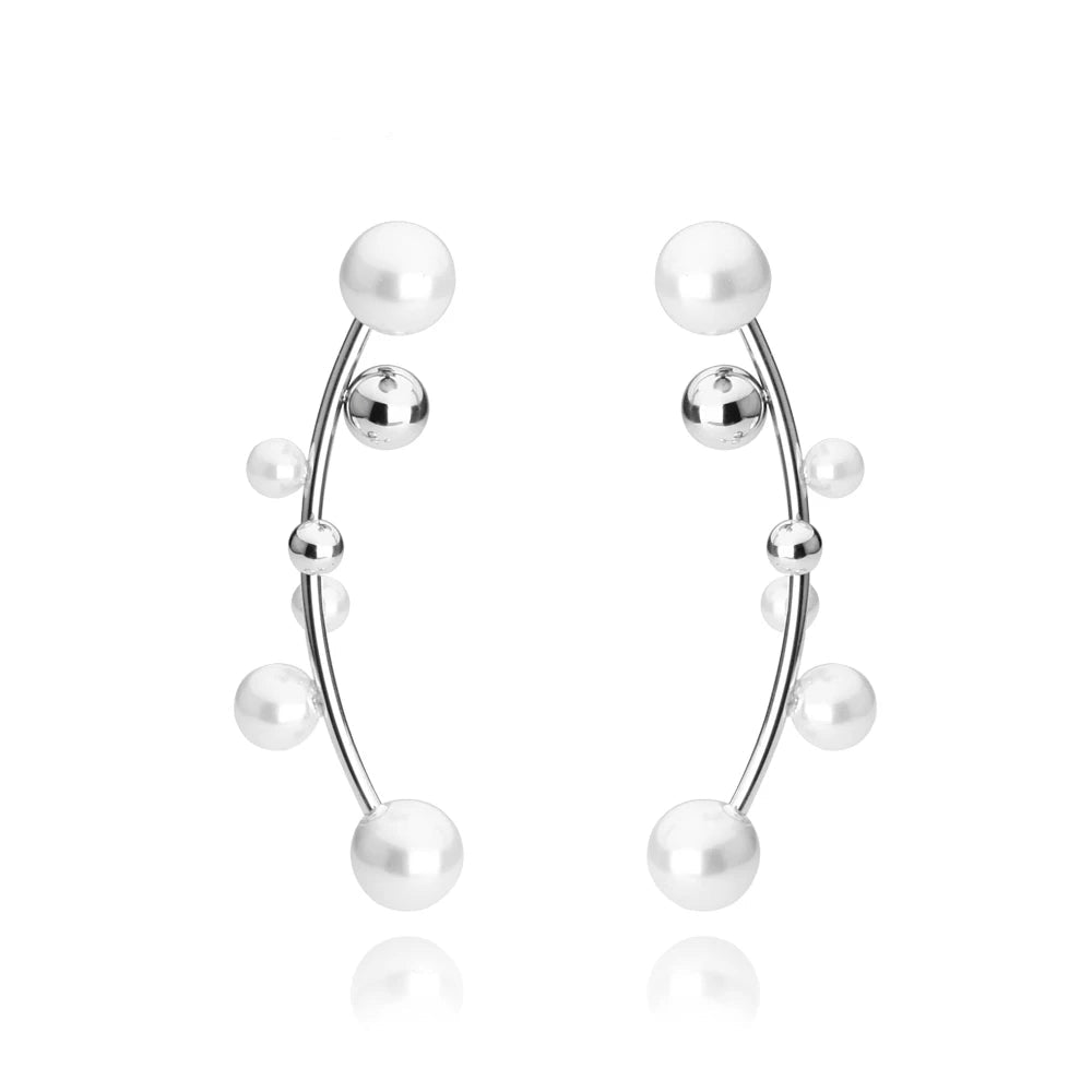 White Pearl Mismatched Cuff Earrings – Silver Clip-On Climber, 18K Gold Plated Minimalist Earrings