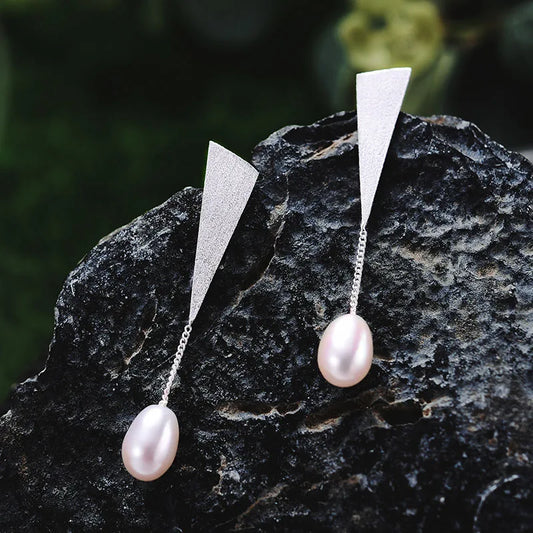 Handmade Silver Pearl Triangle Water Drop Earrings