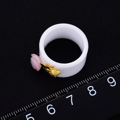 Silver Handmade Ceramic Bee Rose Ring