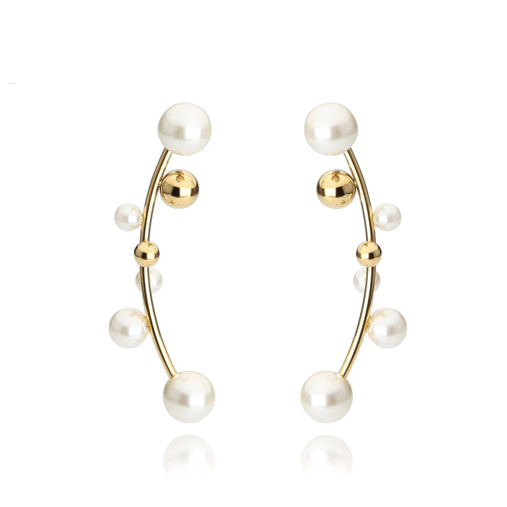 White Pearl Mismatched Cuff Earrings – Silver Clip-On Climber, 18K Gold Plated Minimalist Earrings