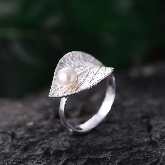 Silver Pearl Leaf Ring