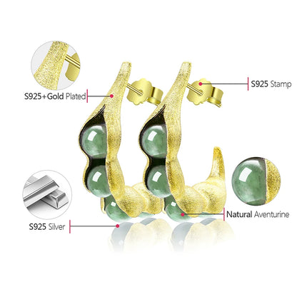 Handmade 925 Sterling Silver Pea Pod Drop Earrings, Aventurine Gemstones, Minimalist Jewelry