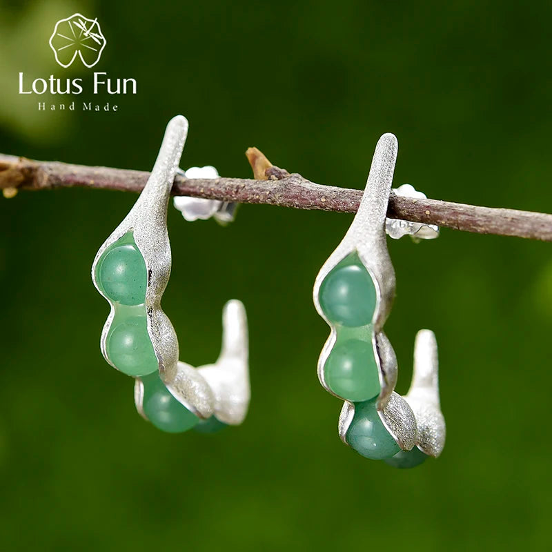 Handmade 925 Sterling Silver Pea Pod Drop Earrings, Aventurine Gemstones, Minimalist Jewelry