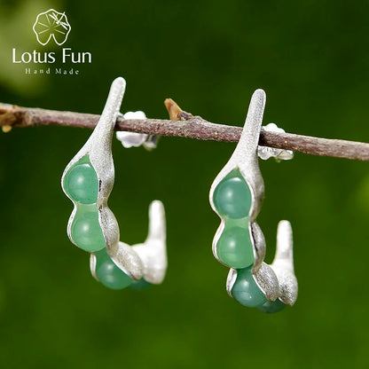 Handmade 925 Sterling Silver Pea Pod Drop Earrings, Aventurine Gemstones, Minimalist Jewelry