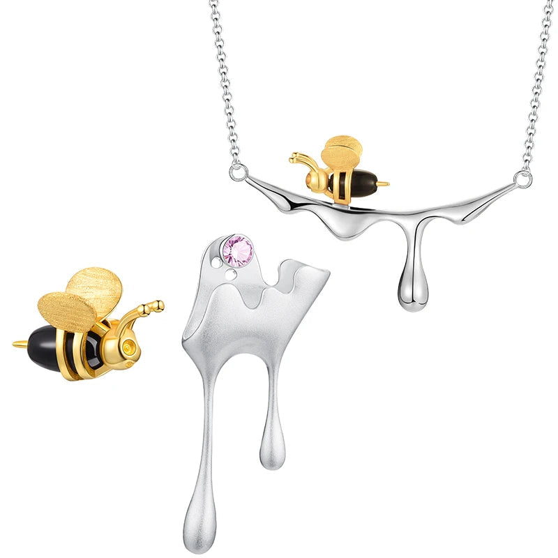 Handmade Gold Bee and Dripping Honey Pendant Necklace with Earrings Set