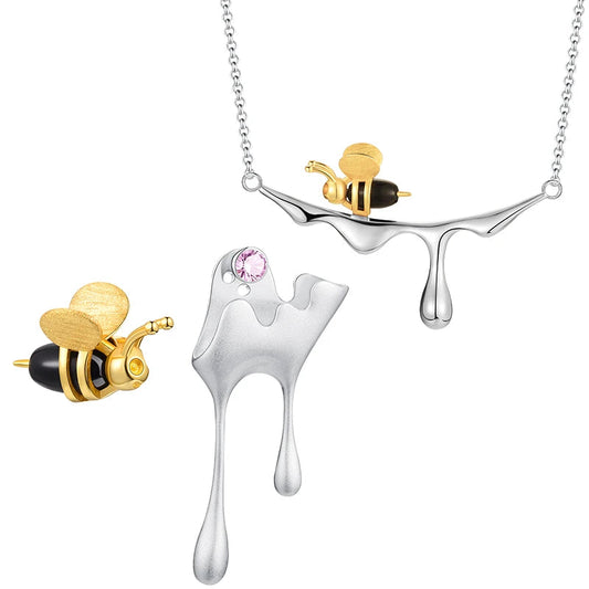 Handmade Gold Bee and Dripping Honey Pendant Necklace with Earrings Set