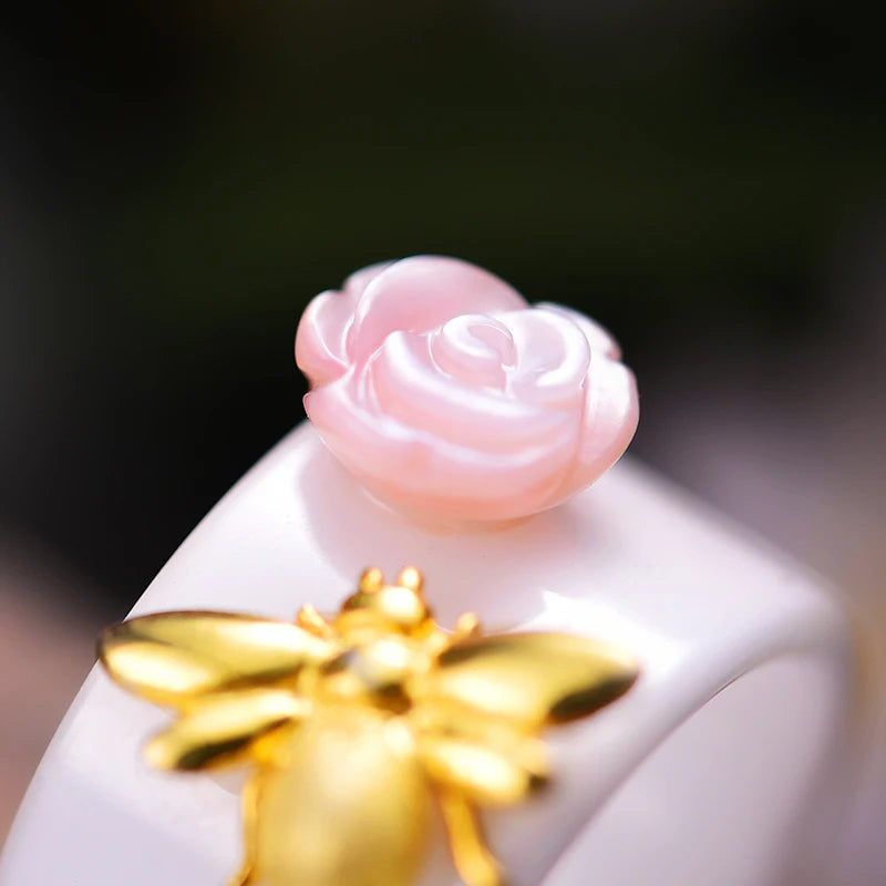 Silver Handmade Ceramic Bee Rose Ring