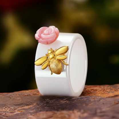 Silver Handmade Ceramic Bee Rose Ring