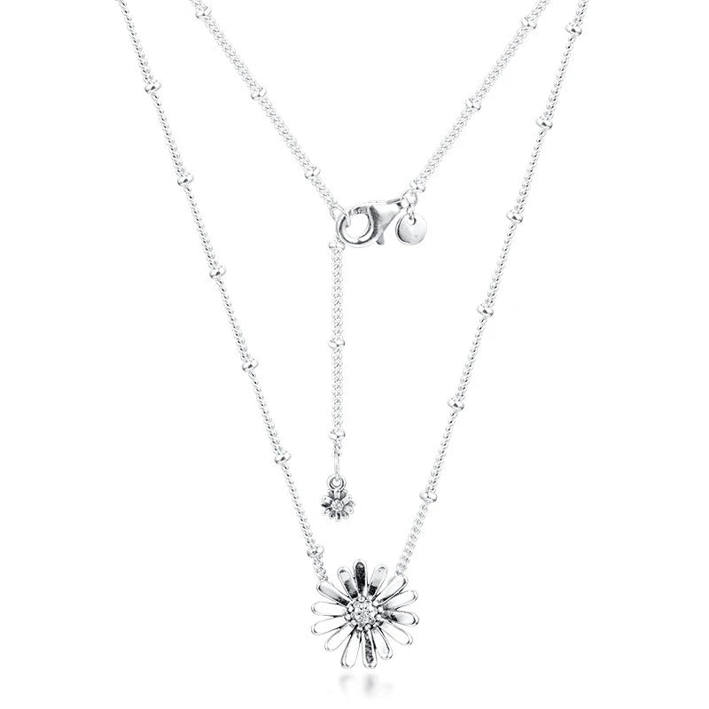 Silver Pave Daisy Flower Collier Pendant Necklaces