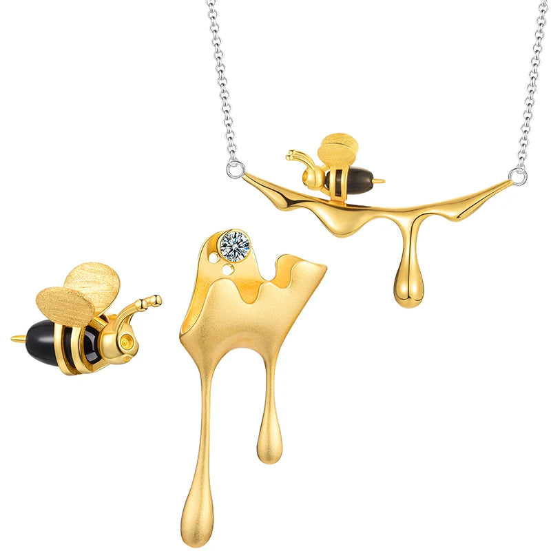 Handmade Gold Bee and Dripping Honey Pendant Necklace with Earrings Set