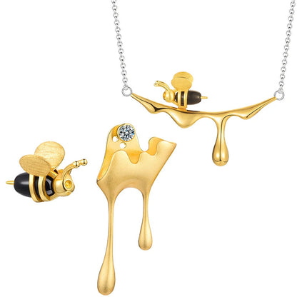 Handmade Gold Bee and Dripping Honey Pendant Necklace with Earrings Set