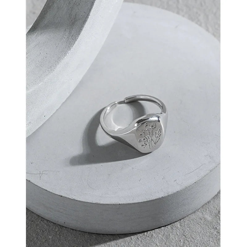 Silver Open Ring Geometric Oval flower Adjustable Signet Ring