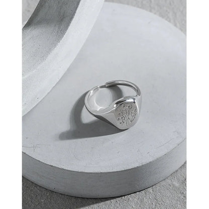Silver Open Ring Geometric Oval flower Adjustable Signet Ring