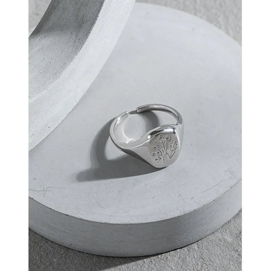 Silver Open Ring Geometric Oval flower Adjustable Signet Ring