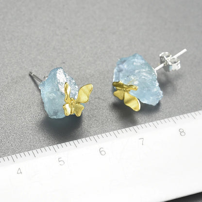 18K Gold Plated Butterfly Stud Earrings – Real 925 Sterling Silver with Aquamarine Stone