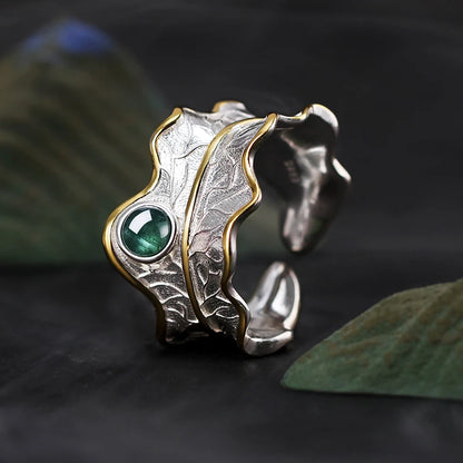 Silver Natural Tourmaline Gemstone Peony Leaf Adjustable Ring