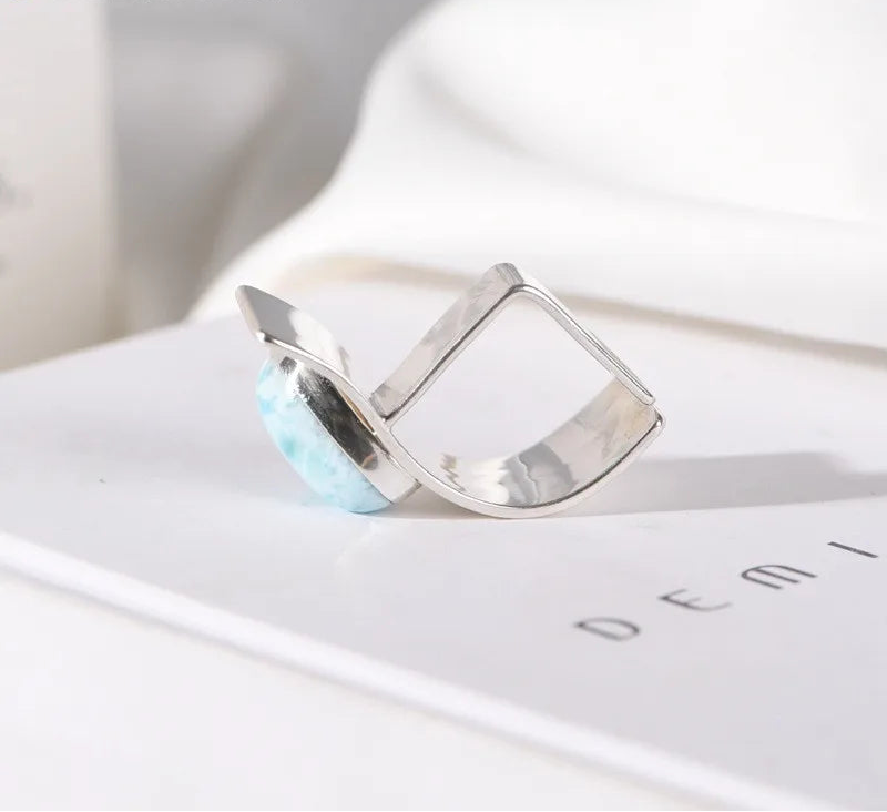 925 Sterling Silver Natural Larimar Irregular Open Big Rings