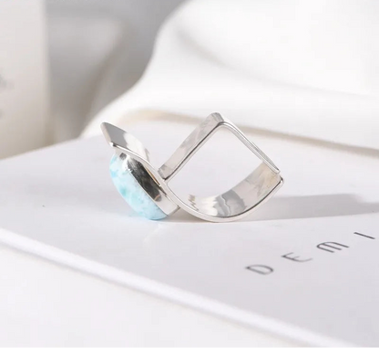 925 Sterling Silver Natural Larimar Irregular Open Big Rings