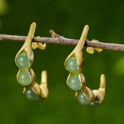 Handmade 925 Sterling Silver Pea Pod Drop Earrings, Aventurine Gemstones, Minimalist Jewelry