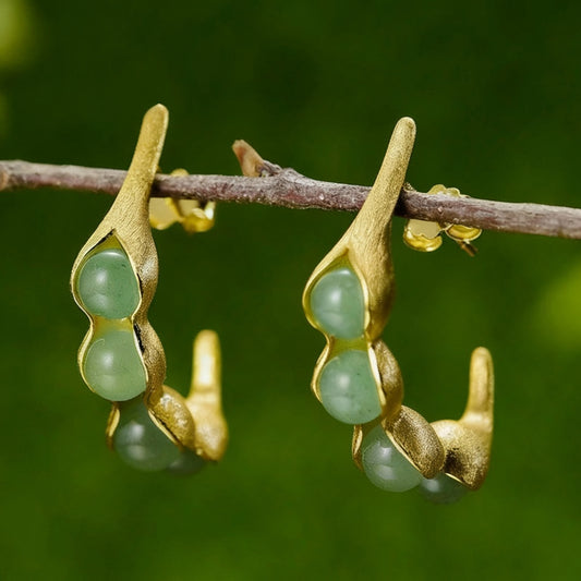Handmade 925 Sterling Silver Pea Pod Drop Earrings, Aventurine Gemstones, Minimalist Jewelry