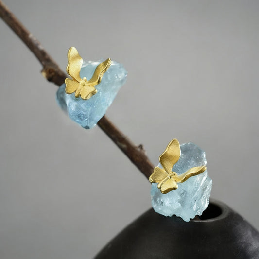 18K Gold Plated Butterfly Stud Earrings – Real 925 Sterling Silver with Aquamarine Stone