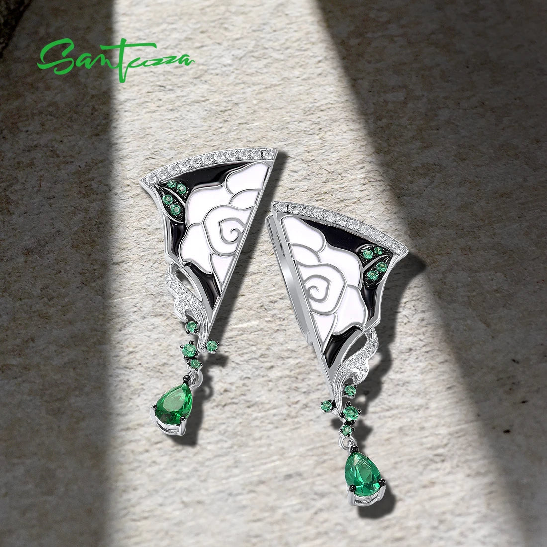 Silver Spinel Peony Enamel Asymmetric Earrings