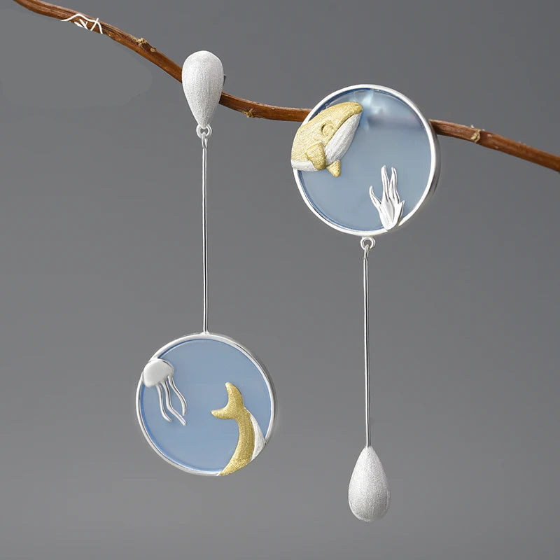Silver Underwater World Whale Asymmetrical Long Drop Earrings