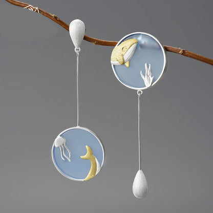 Silver Underwater World Whale Asymmetrical Long Drop Earrings