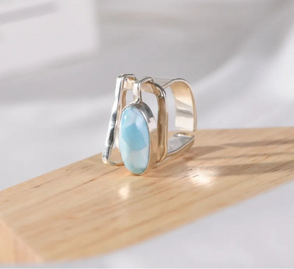 925 Sterling Silver Natural Larimar Irregular Open Big Rings