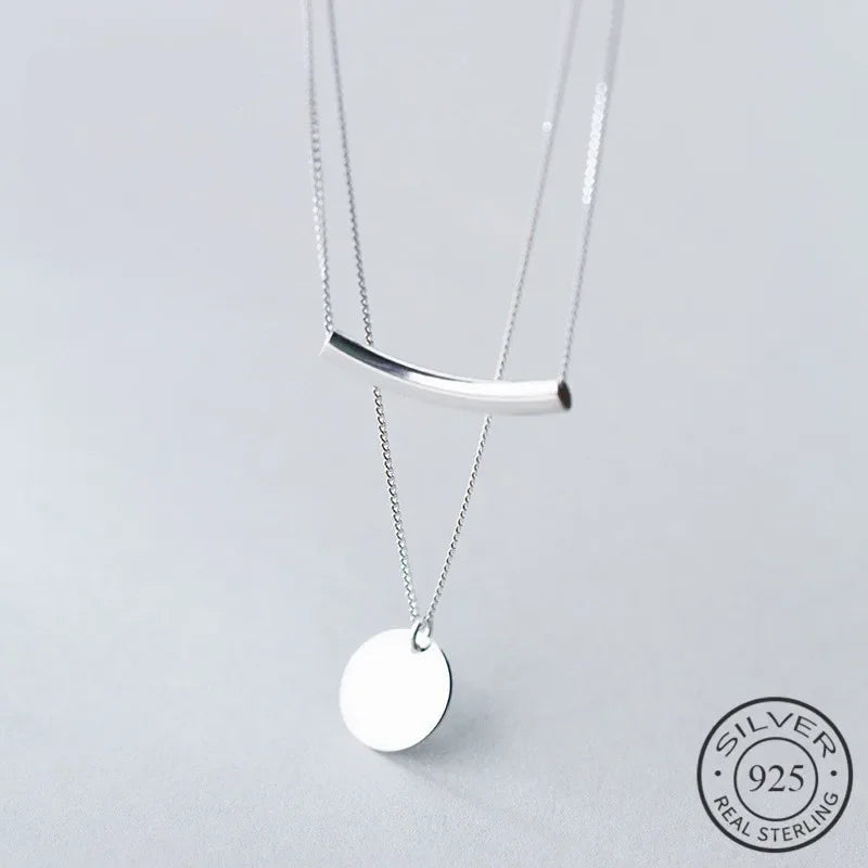 Silver Layer Chain Geometric Round Disc Bent Pipe Choker Pendant Necklace