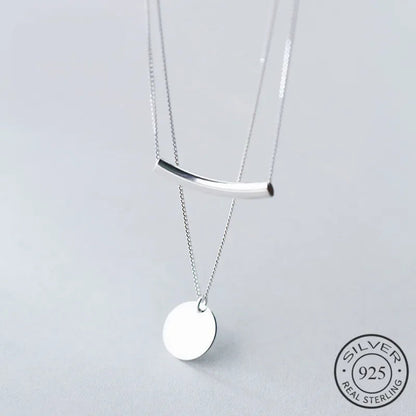 Silver Layer Chain Geometric Round Disc Bent Pipe Choker Pendant Necklace