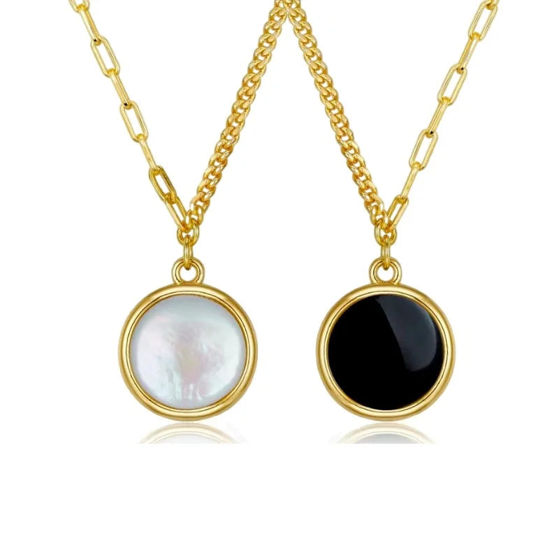 Mother Of Pearl Onyx Silver Double Side Round Disc Pendant Necklace