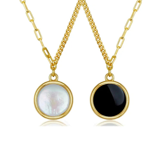 Mother Of Pearl Onyx Silver Double Side Round Disc Pendant Necklace