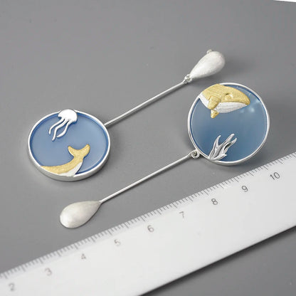 Silver Underwater World Whale Asymmetrical Long Drop Earrings