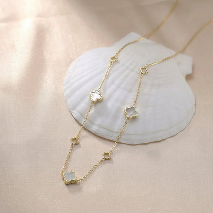 Silver Choker Necklace With Four Leaf Clover Shell Ornament Summer Style