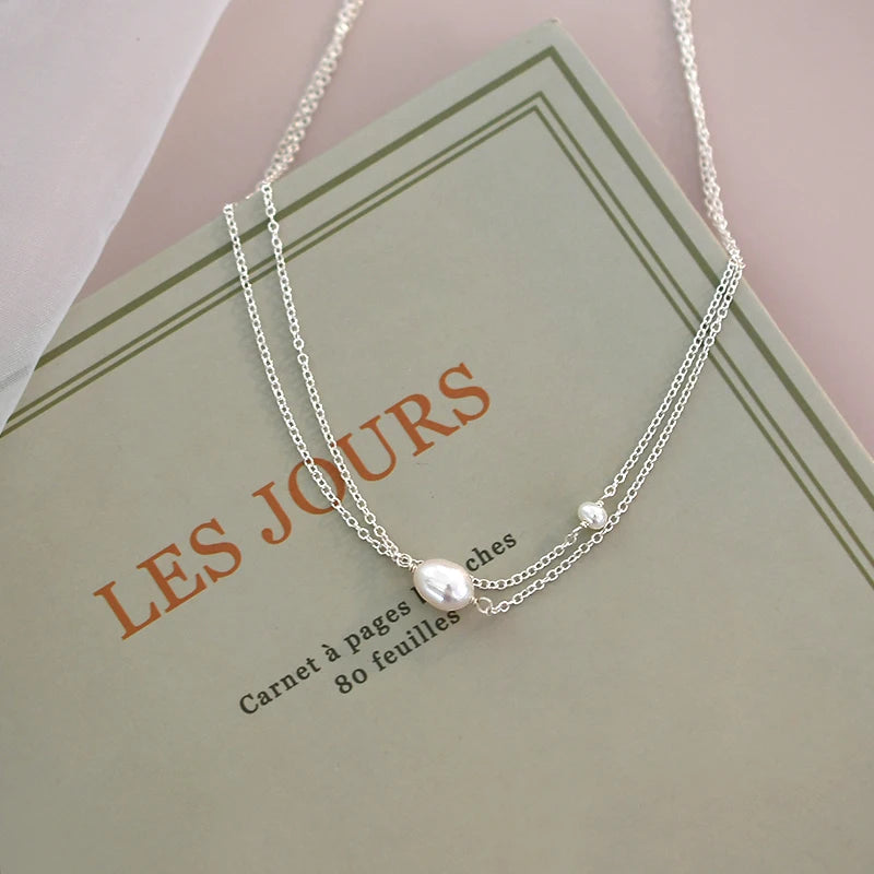 Silver Natural Freshwater Pearl Double Necklace