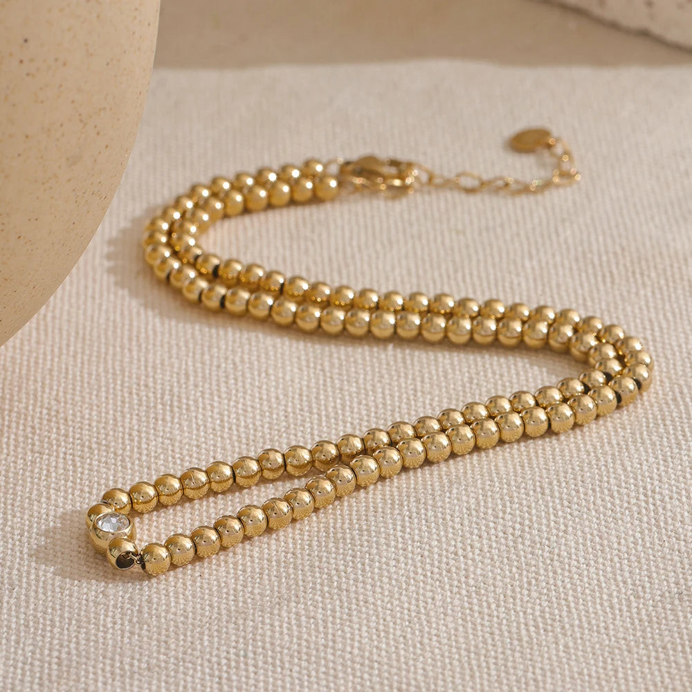 18K Gold Plated Round Beads Chain Handmade Necklace Water Resistant Stainless Steel