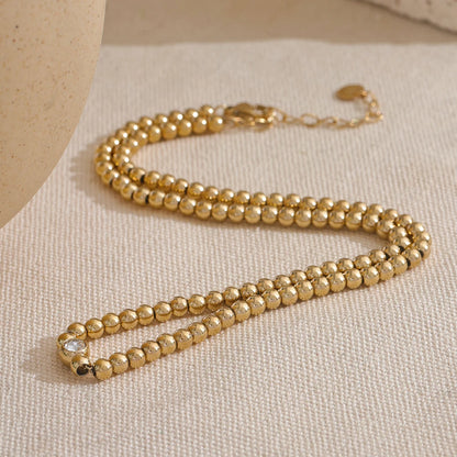 18K Gold Plated Round Beads Chain Handmade Necklace Water Resistant Stainless Steel