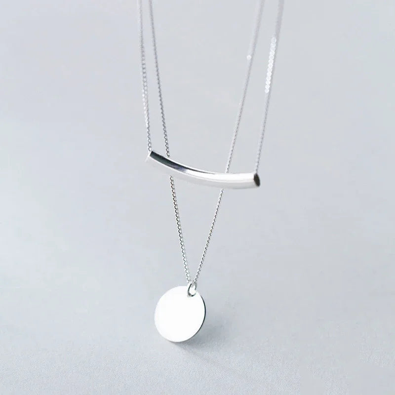 Silver Layer Chain Geometric Round Disc Bent Pipe Choker Pendant Necklace